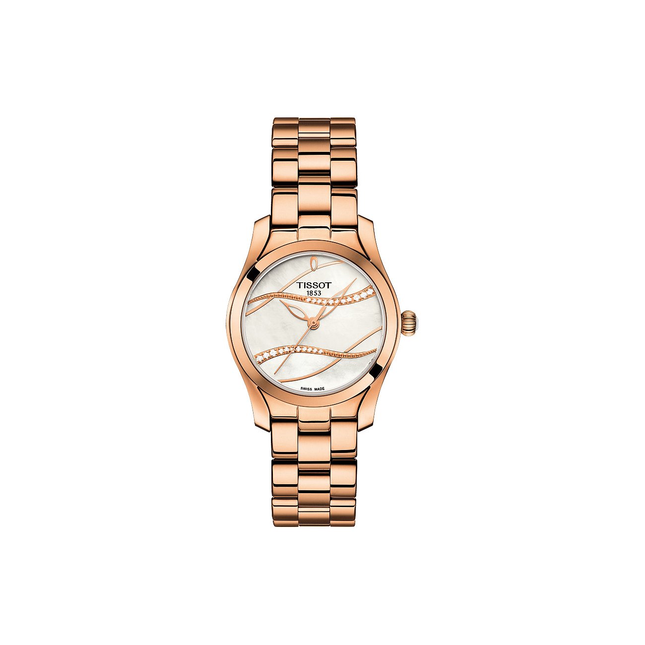 Tissot Damenuhr aus roségoldfarbenem Edelstahl mit einem weißen Zifferblatt und Diamant-Akzenten.