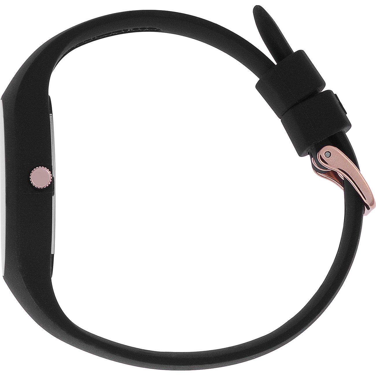 ICE Watch dameshorloge met kunststof kast, roségoudkleurige kroon en zwarte band.