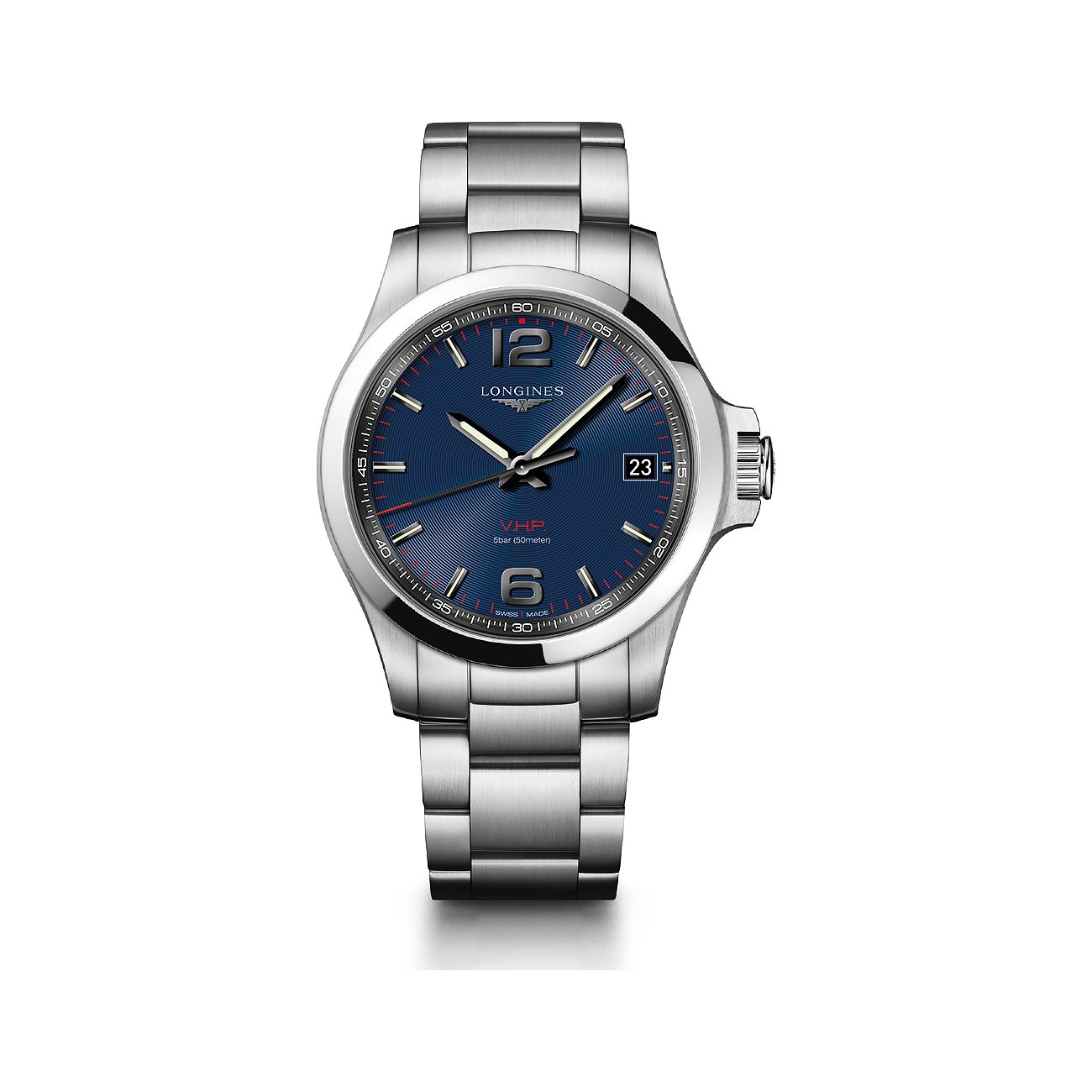 Longines Herrenuhr aus Edelstahl mit blauem Zifferblatt, silberfarbenen Indizes und roten Akzenten.