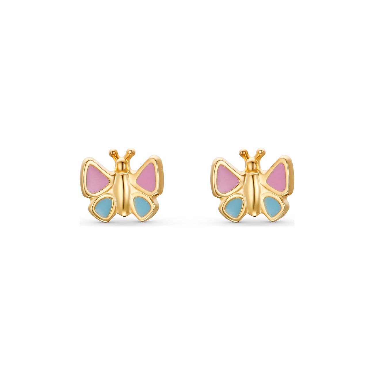 FAVS Ohrstecker aus 375er Gelbgold in Schmetterlingsform. Flügel mit rosa und hellblauer Emaille gefüllt.
