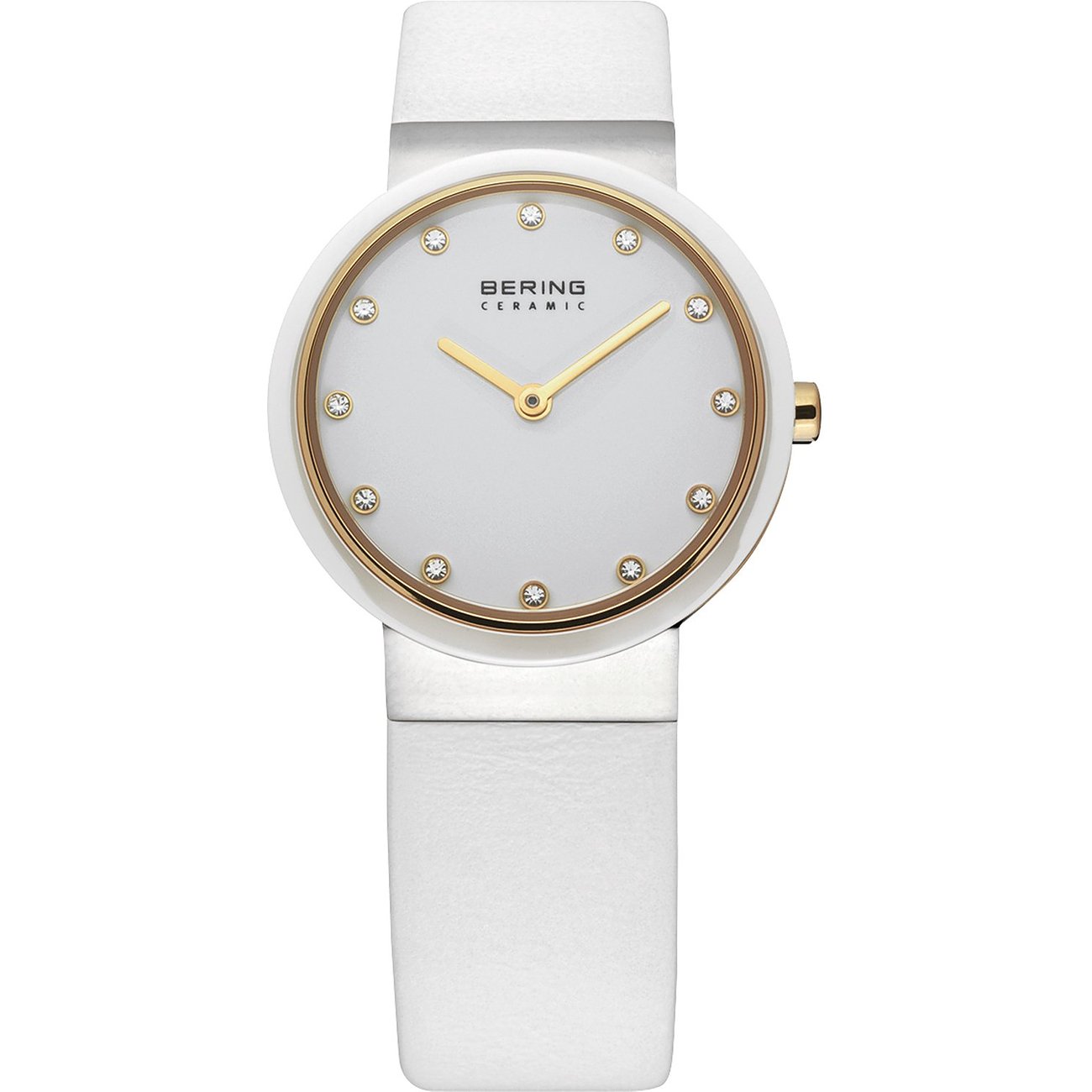 Bering Damenuhr aus weißem Edelstahl mit goldfarbenem Zifferblatt und Swarovski-Kristallen als Zeitanzeigen.