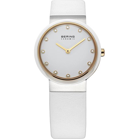 Orologio da donna Bering in acciaio inossidabile bianco, quadrante color oro, cristalli Swarovski come indici.