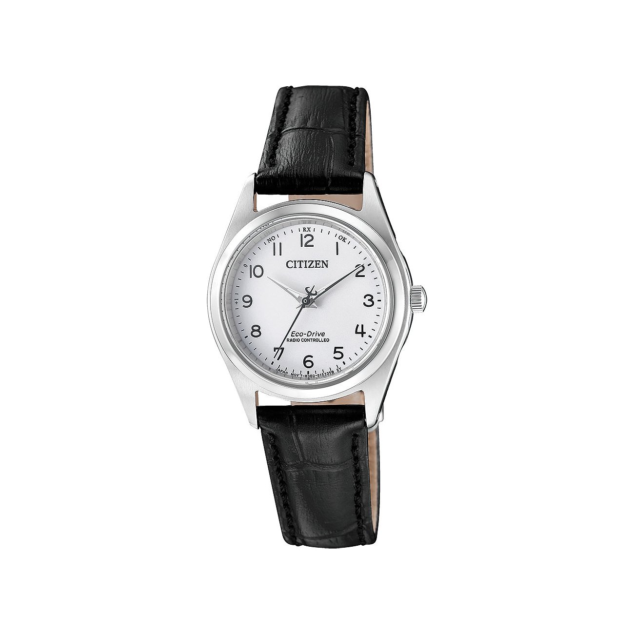 Citizen Damenuhr aus Edelstahl mit weißem Zifferblatt und schwarzem Lederarmband, Vorderansicht.