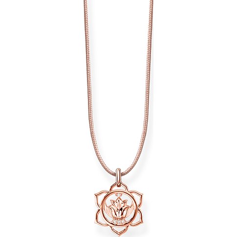 Thomas Sabo Halskette: Roségoldfarbenes Silber, geflochtenes Band, Lotusblüten-Anhänger mit kleinen Farbsteinen.