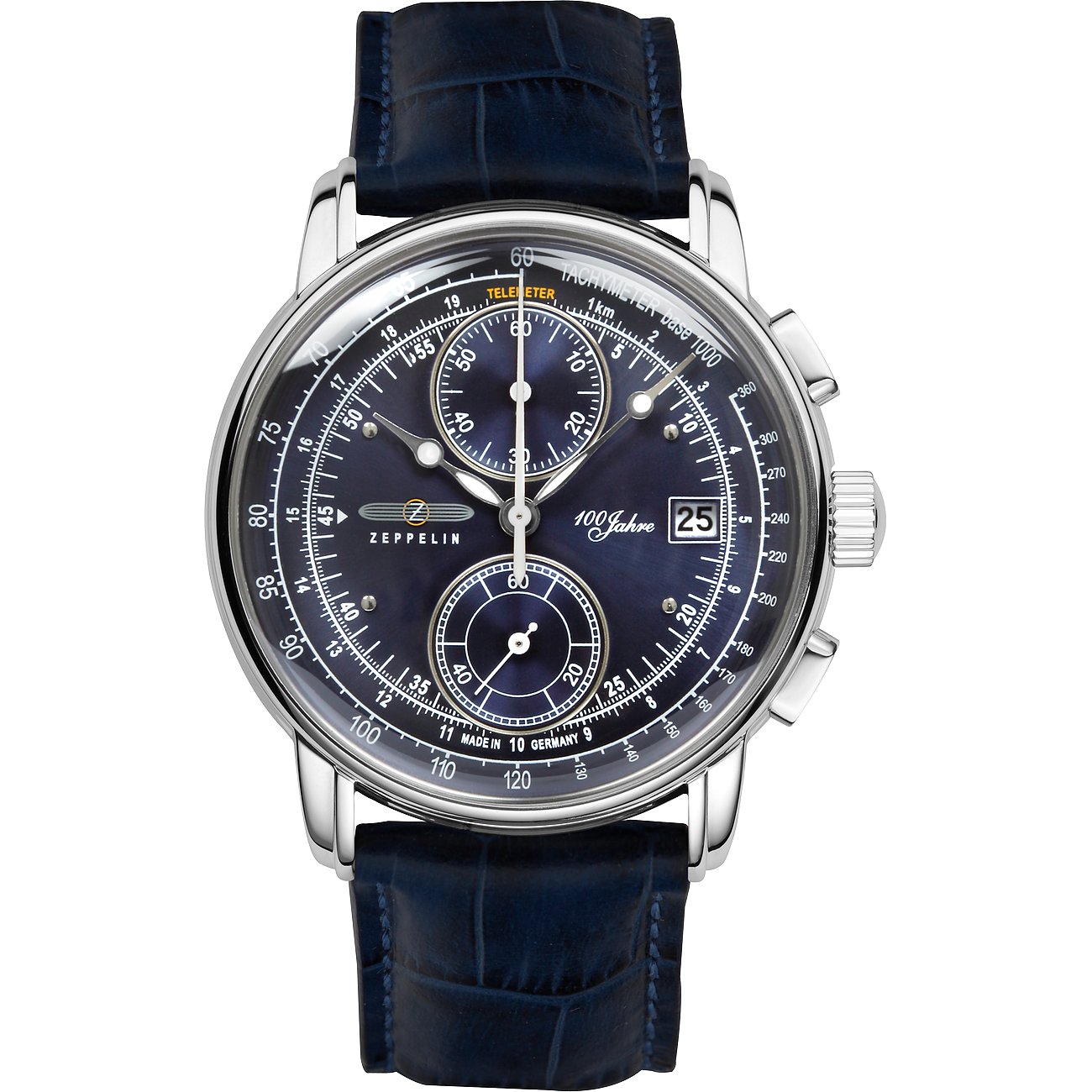 Zeppelin Herrenuhr mit Edelstahlgehäuse und blauem Zifferblatt.