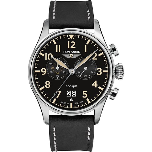 Iron Annie Herrenuhr aus Edelstahl mit schwarzem Zifferblatt und Lederarmband, Vorderansicht.
