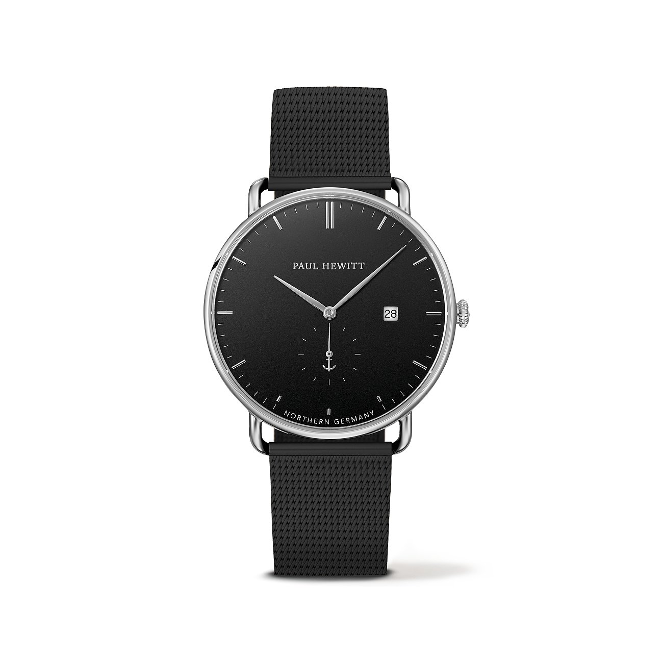 Paul Hewitt Herrenuhr aus silberfarbenem Edelstahl mit schwarzem Zifferblatt und schwarzem Milanaise-Armband.