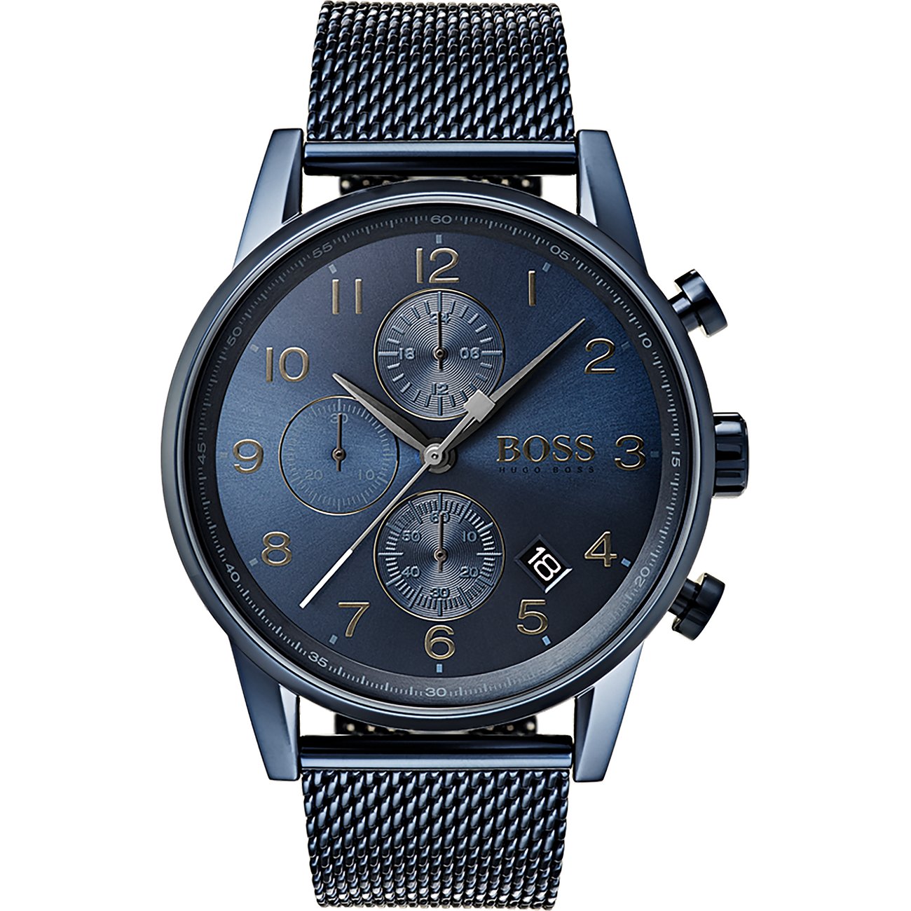 Boss Herrenuhr aus blauem Edelstahl mit Chronograph, Datumsanzeige und Milanaise-Armband, frontal auf weißem Hintergrund.