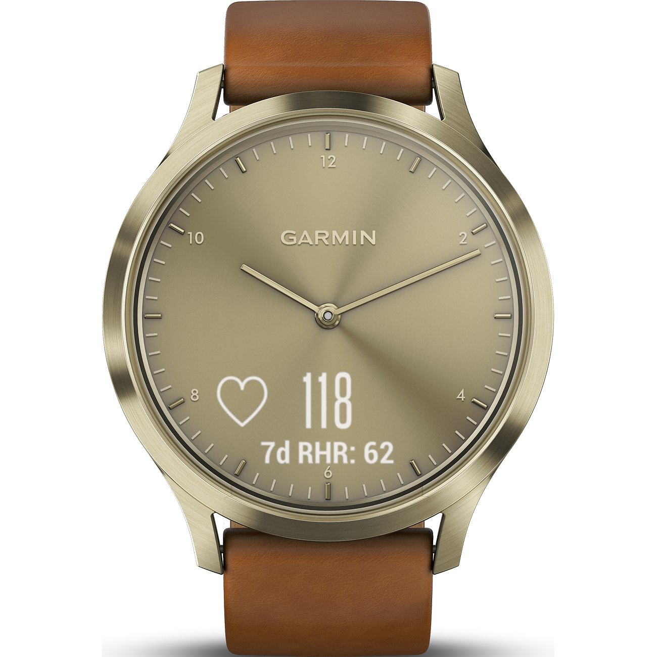 Garmin Damenuhr aus Edelstahl mit braunem Lederarmband und goldenem Zifferblatt
