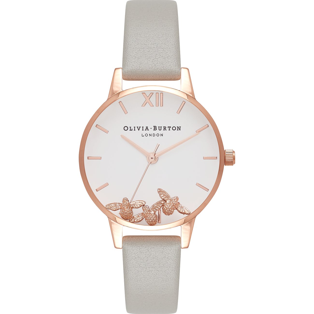 Olivia Burton Damenuhr: Roségoldenes Zifferblatt, Bienenmotive, graues Armband.