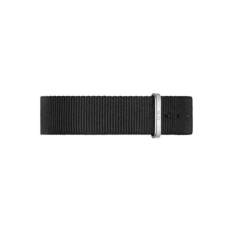 Daniel Wellington Armband aus Kunststoff, schwarz, mit silberfarbener Schließe.