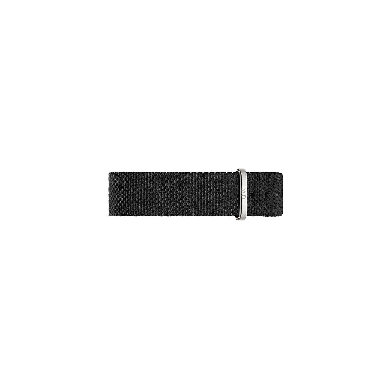 Daniel Wellington Armband aus Kunststoff, schwarz, mit silberfarbener Schließe.
