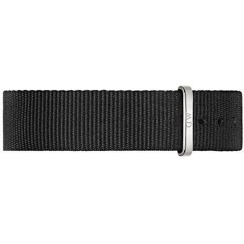Bracelet Daniel Wellington en plastique, noir, avec boucle argentée.