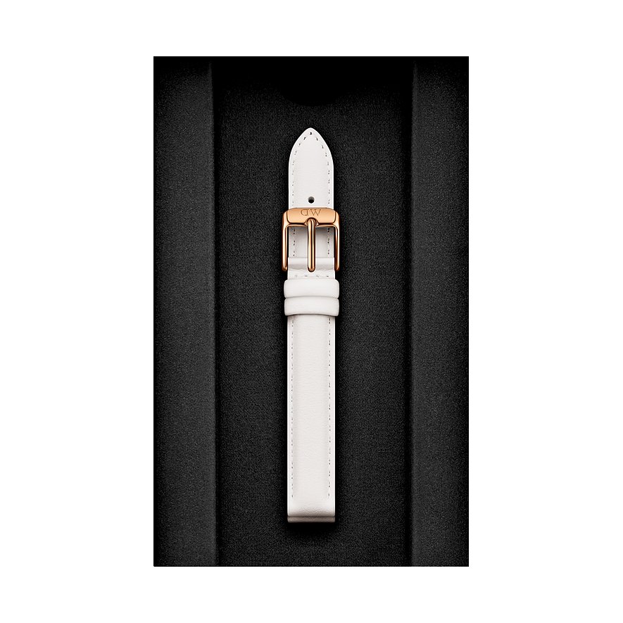 Daniel Wellington Armband aus weißem Leder mit roségoldfarbener Schnalle.