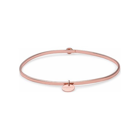Bracciale Rosefield in argento 925 placcato oro rosa con fascia sottile lucida e ciondolo rotondo con logo.
