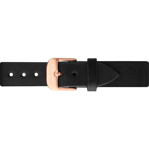 Cinturino Paul Hewitt in pelle nera con fibbia ad ardiglione in acciaio inox PVD oro rosa su sfondo bianco.