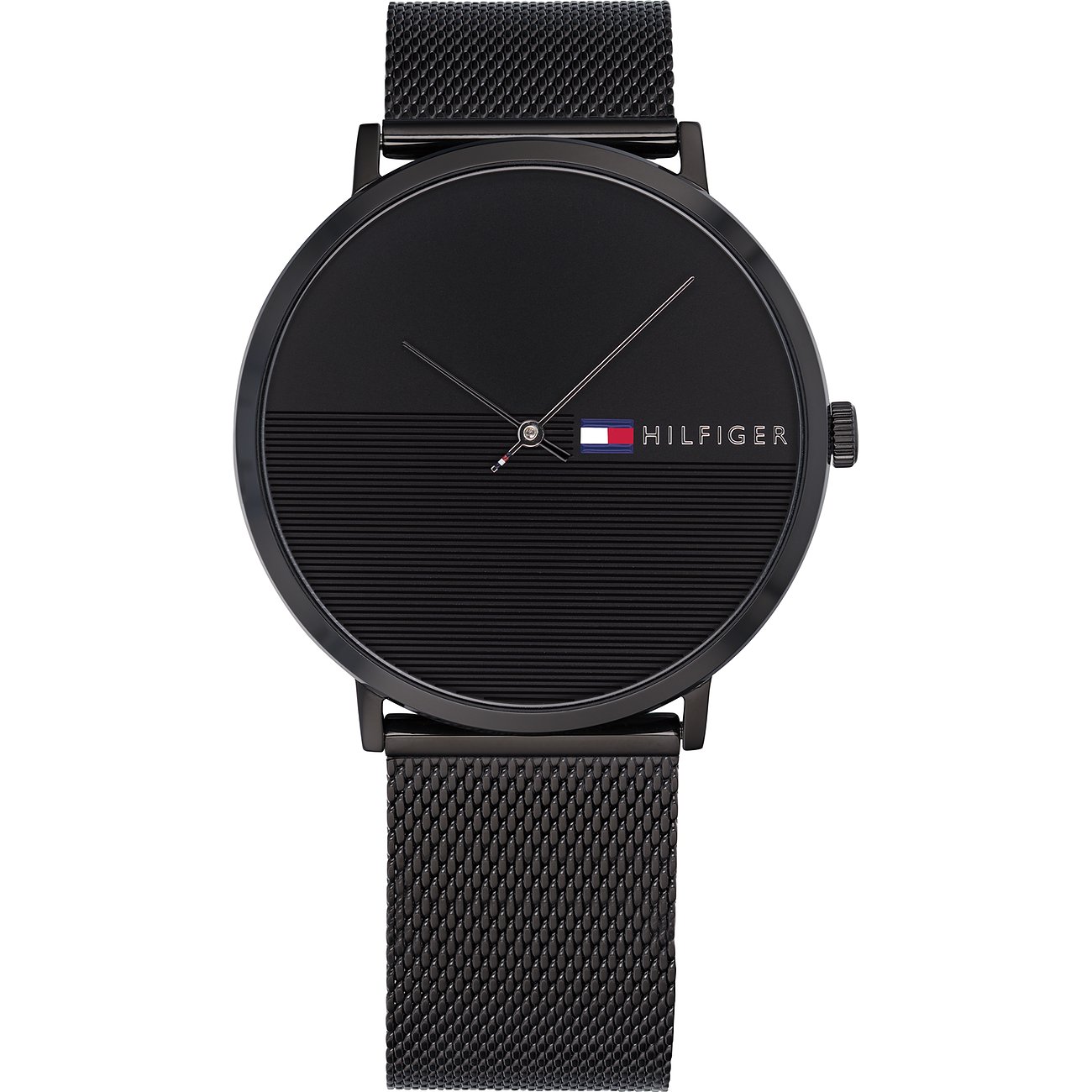 Tommy Hilfiger Herrenuhr aus schwarzem Edelstahl mit schwarzem Zifferblatt und schwarzem Milanaise-Armband.