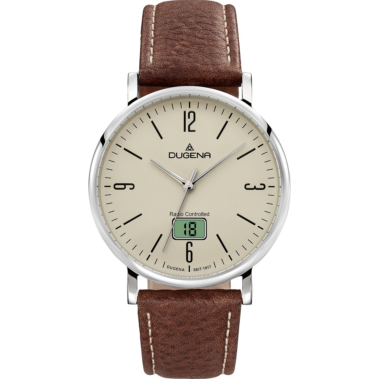 Dugena Herrenuhr mit Edelstahlgehäuse, cremefarbenem Zifferblatt und braunem Lederarmband.