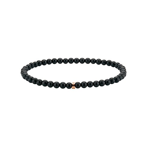 Bracciale Liebeskind in perle di pietra nero intenso con accento metallico color oro rosa, posizionato centralmente.