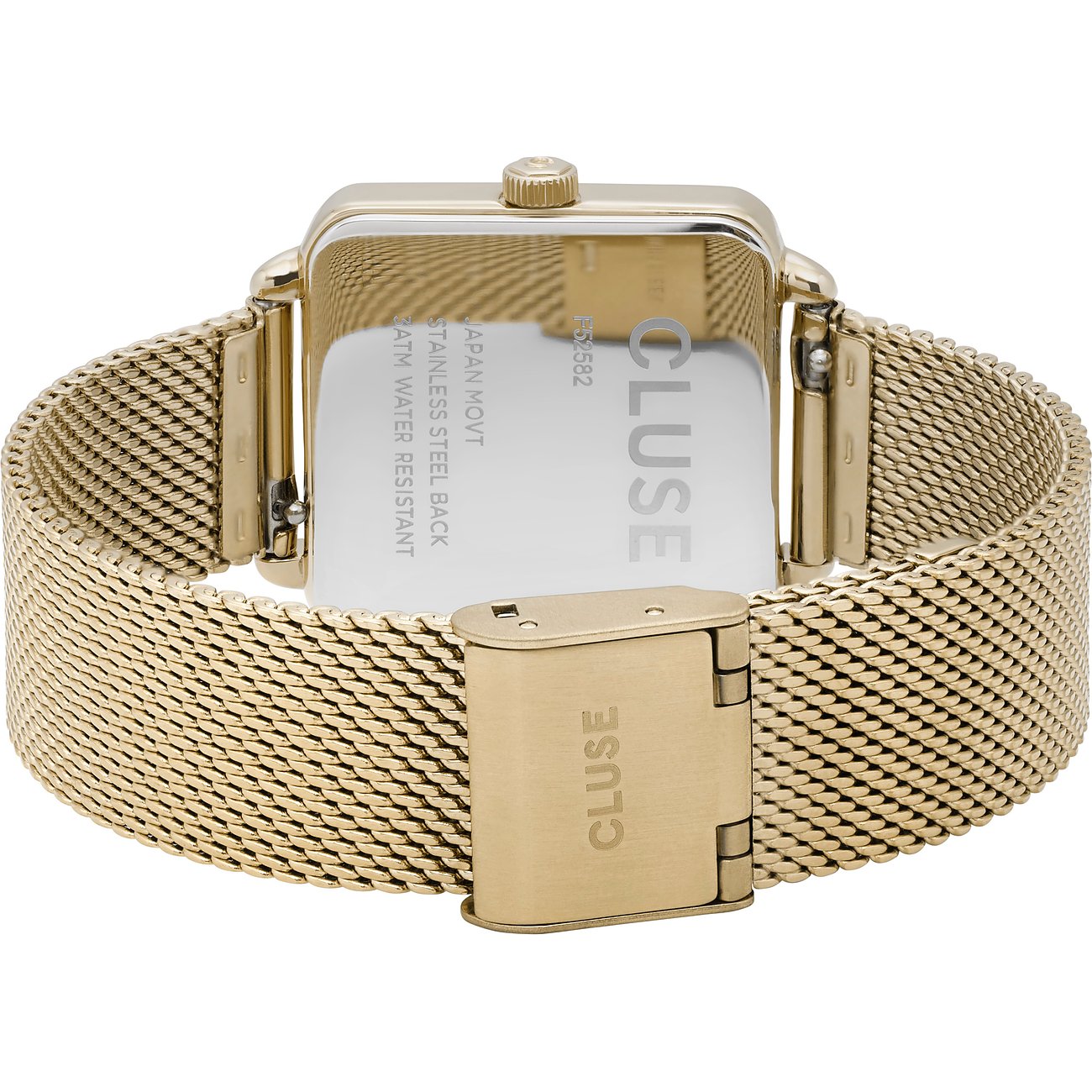 Rückansicht der goldenen Cluse Damenuhr aus Metall, die das gravierte Gehäuse mit Modellnummer zeigt.