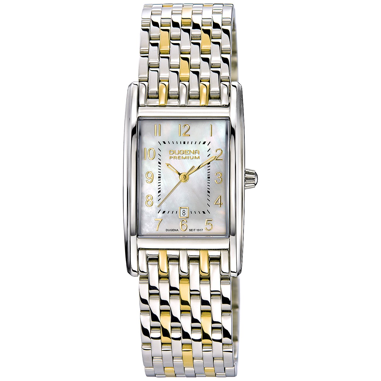 Dugena Damenuhr aus Edelstahl mit rechteckigem, silbernem Gehäuse, perlmuttfarbenem Zifferblatt und bicolor Armband.