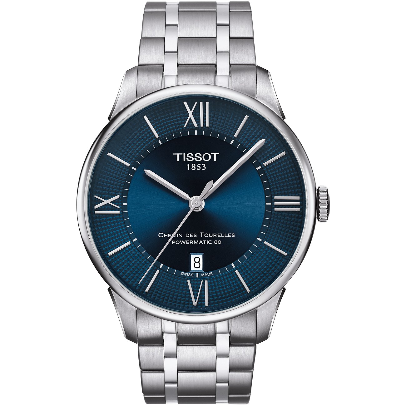 Tissot Herrenuhr aus Edelstahl mit blauem Zifferblatt und silbernen römischen Ziffern.
