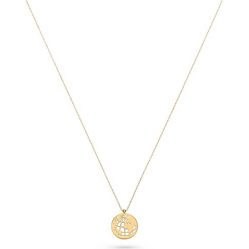 CHRIST Halsschmuck aus 375er Gelbgold mit Perlmutt-Anhänger in Form einer Weltkugel, frontal aufgenommen.
