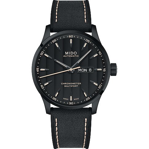 Mido Herrenuhr mit PVD-beschichtetem Gehäuse, schwarzem Zifferblatt und analoger Anzeige.