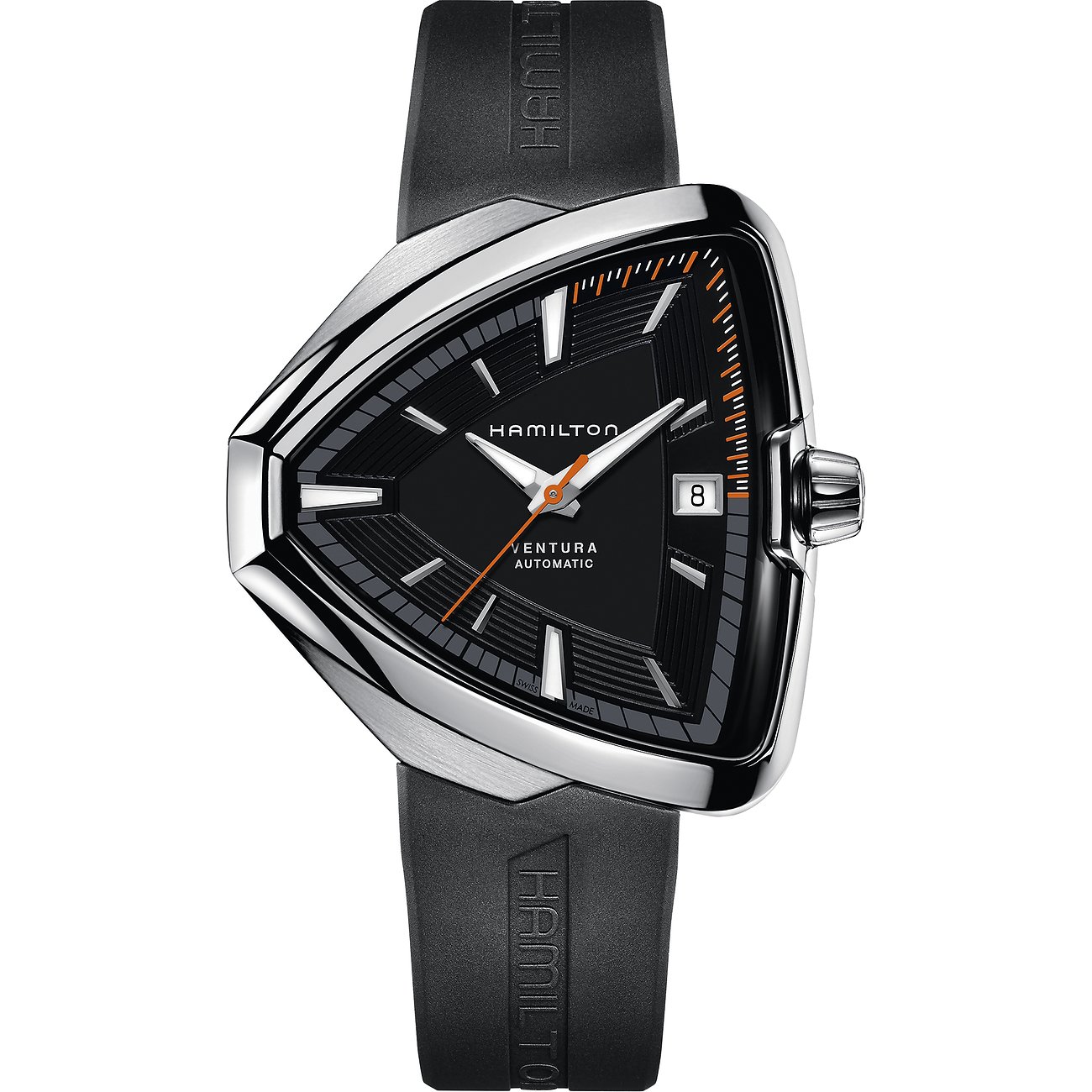 Hamilton Herrenuhr mit Edelstahlgehäuse, schwarzem Zifferblatt und analoger Anzeige.