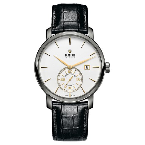 Rado Herrenuhr aus Keramik mit weißem Zifferblatt, goldenen Zeigern und schwarzem Krokodillederarmband.