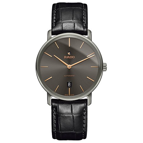 Die Rado Herrenuhr aus Keramik mit rundem, grauem Zifferblatt und schwarzem Lederarmband, von oben gesehen.