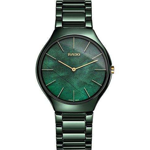 Rado Unisexuhr aus Keramik in Grün mit einem Zifferblattmuster, das an ein Blatt erinnert, und goldenen Zeigern.