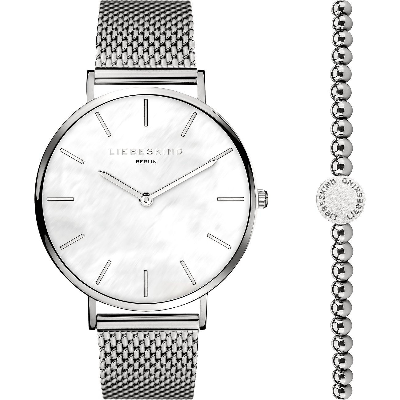 Ensemble montre et bracelet Liebeskind en acier inoxydable. La montre possède un cadran en nacre et un bracelet milanais.