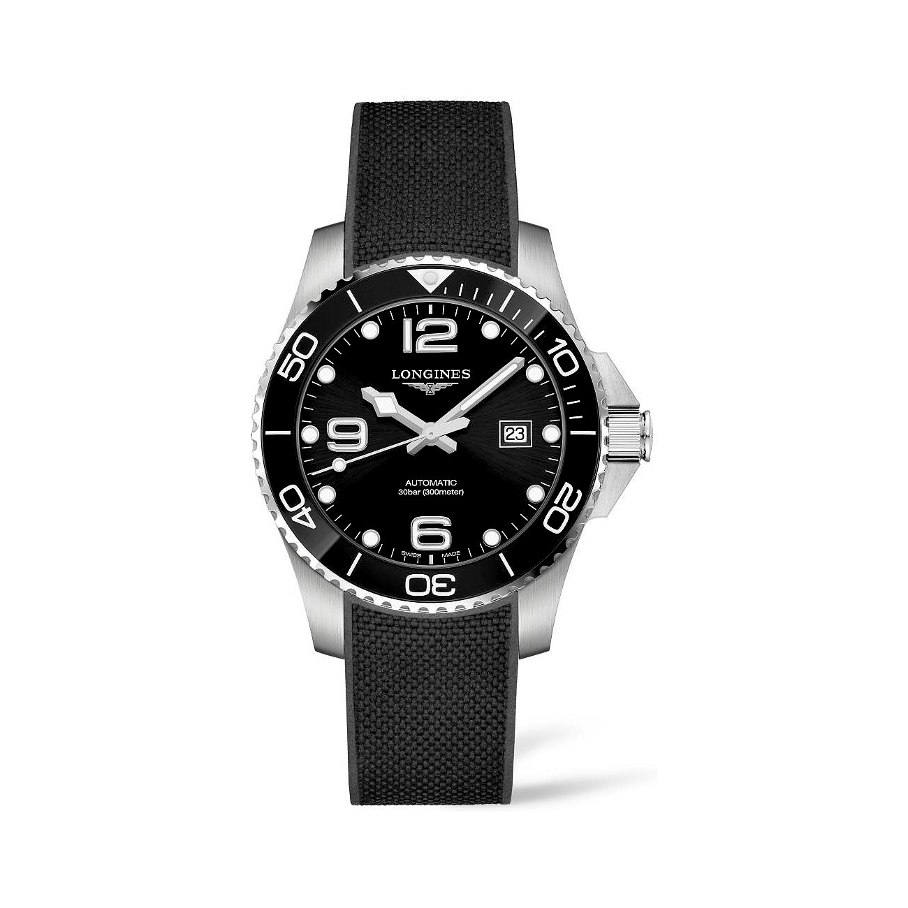 Longines Herrenuhr mit Edelstahlgehäuse, schwarzem Zifferblatt und schwarzem Armband.