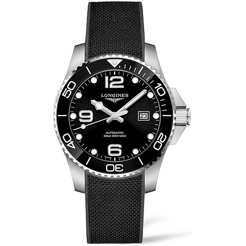 Longines Herrenuhr mit Edelstahlgehäuse, schwarzem Zifferblatt und schwarzem Armband.