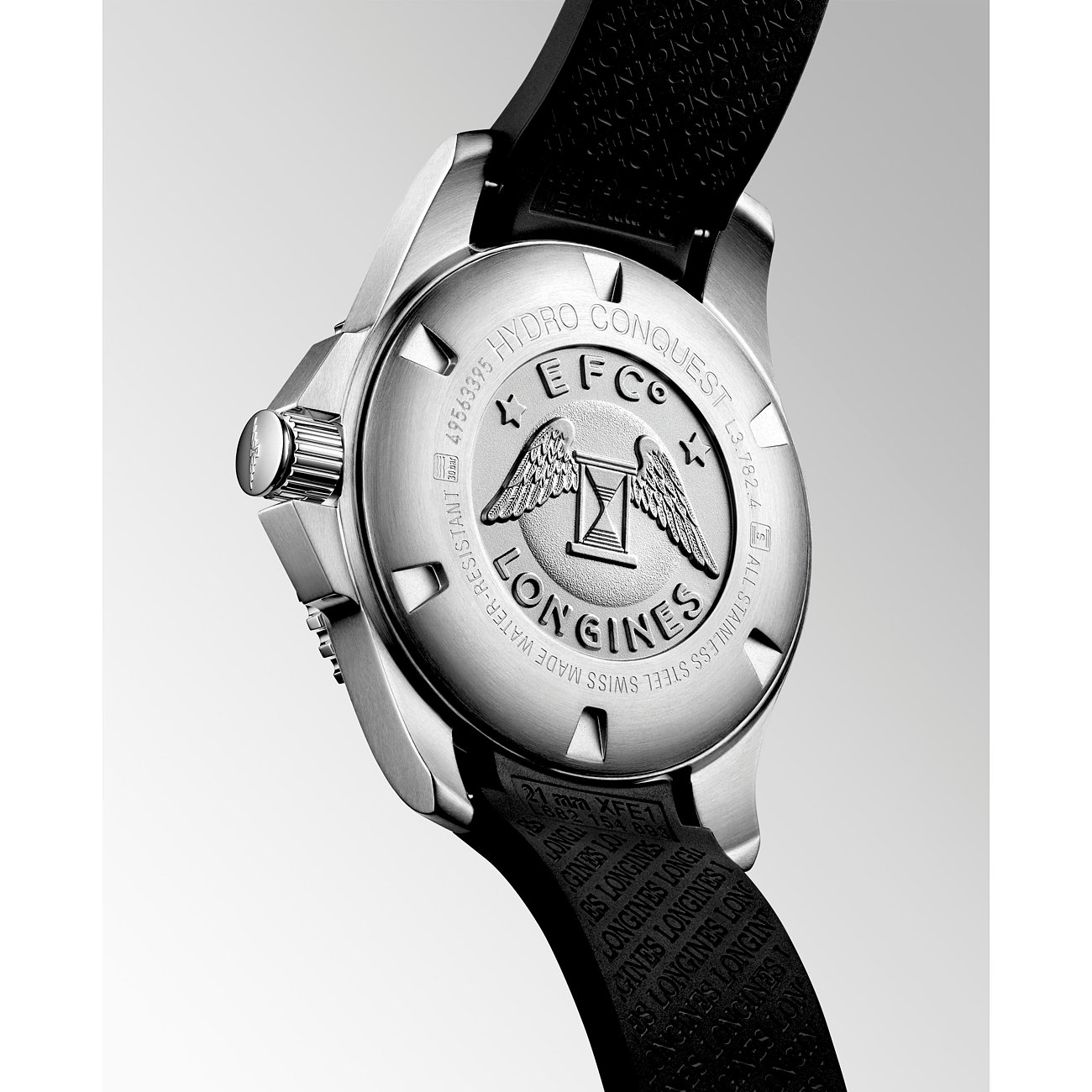 Longines Herrenuhr mit Edelstahlgehäuse und schwarzem Band.