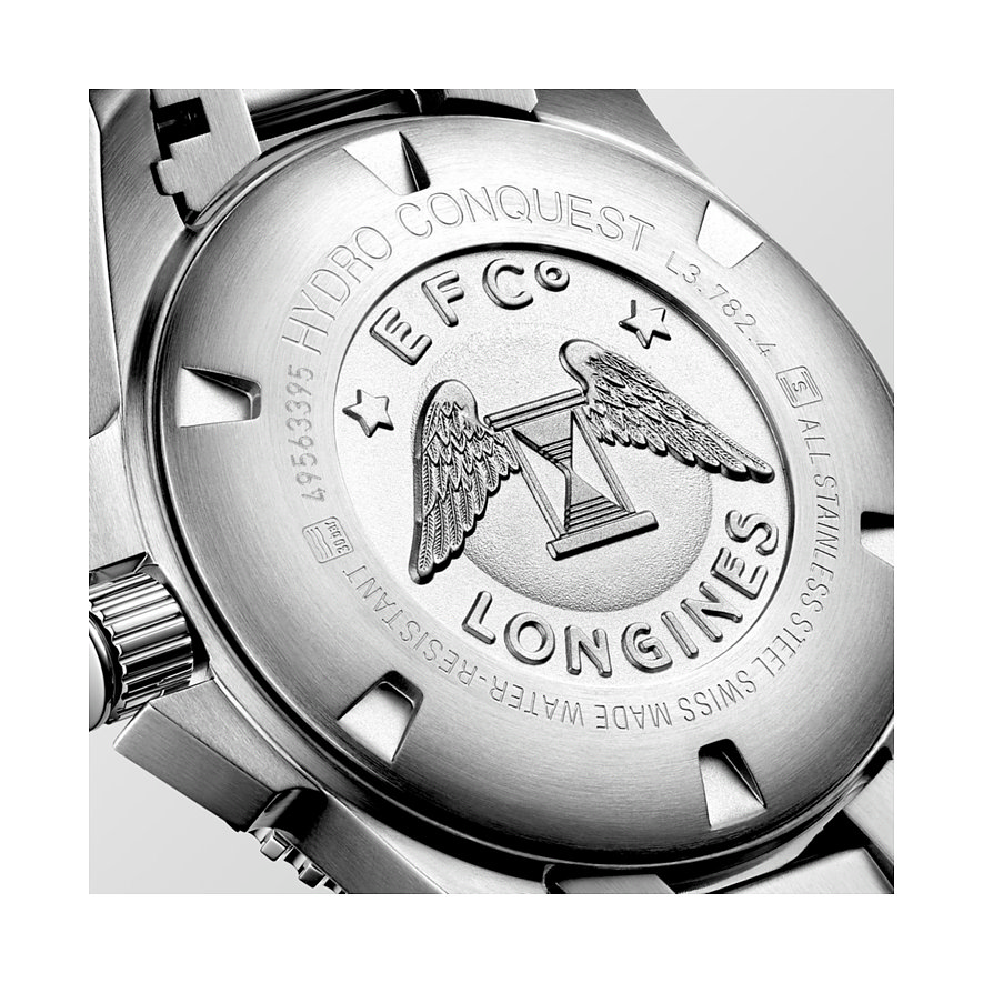 Longines Herrenuhr aus Edelstahl mit Relief-Logo und Gravur.