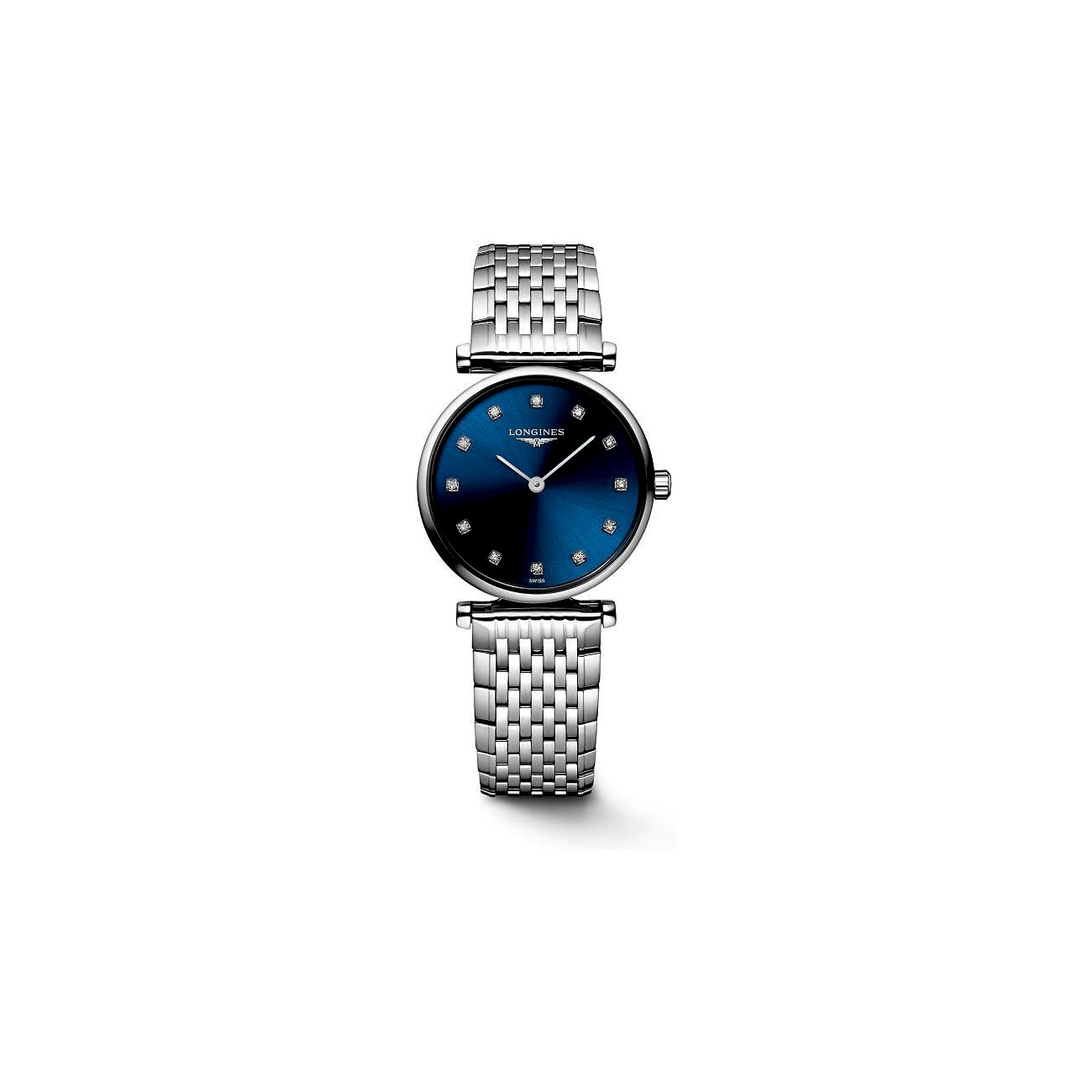 Longines Damenuhr aus Edelstahl mit Diamanten und blauem Zifferblatt.