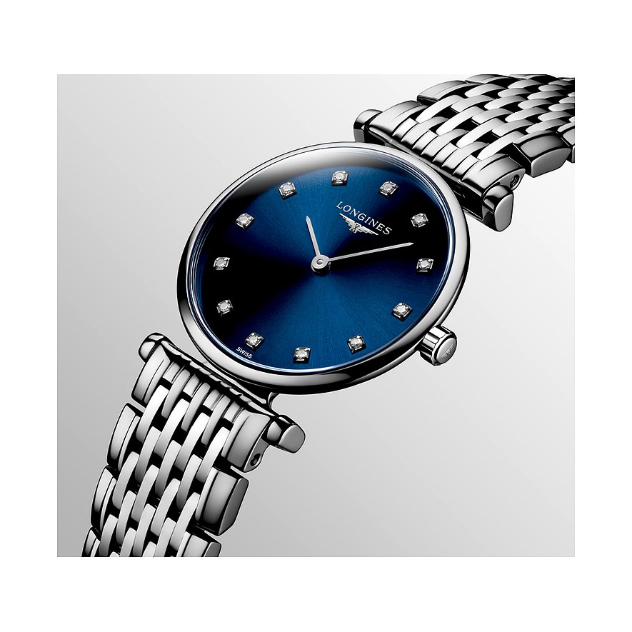 Longines Damenuhr aus Edelstahl mit blauem Zifferblatt und Diamanten.
