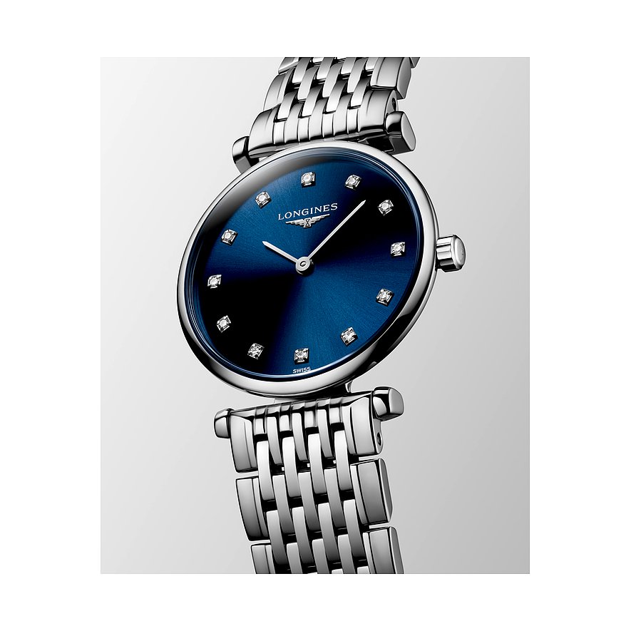 Longines Damenuhr aus Edelstahl mit blauen Zifferblatt und Diamanten.