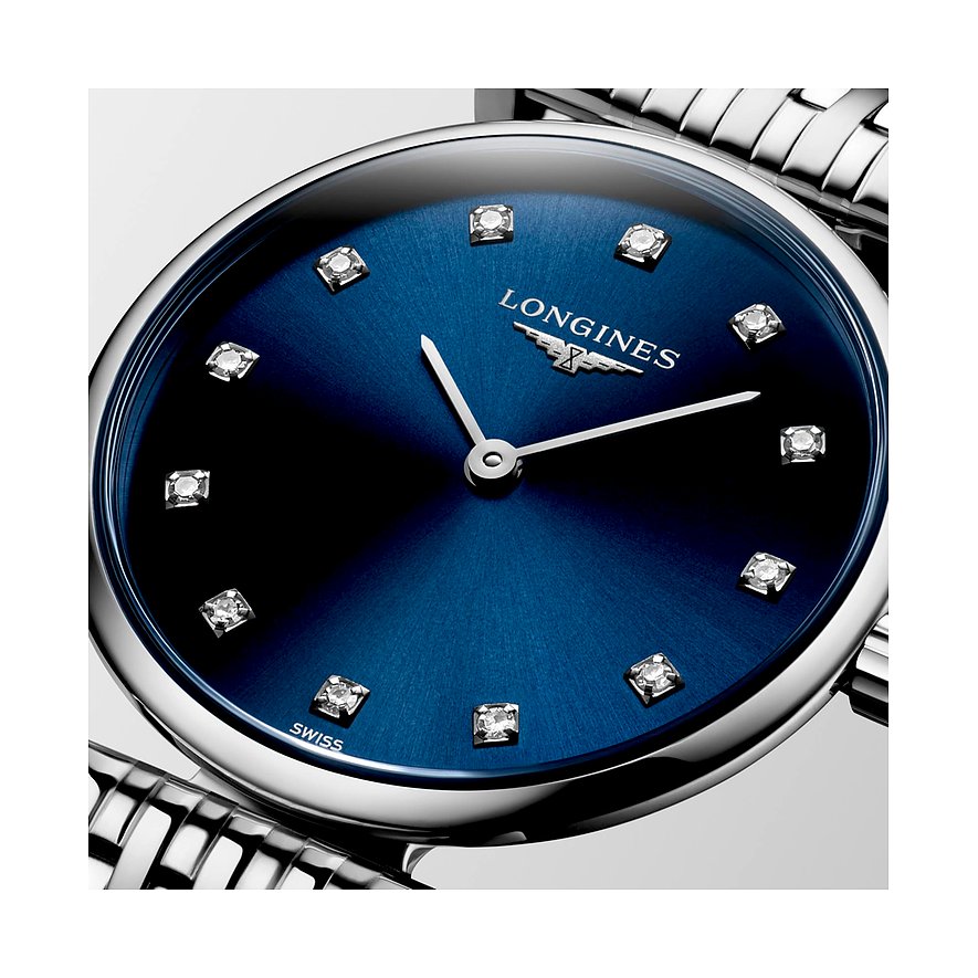 Longines Damenuhr mit Edelstahlgehäuse, blauem Zifferblatt und Diamanten.
