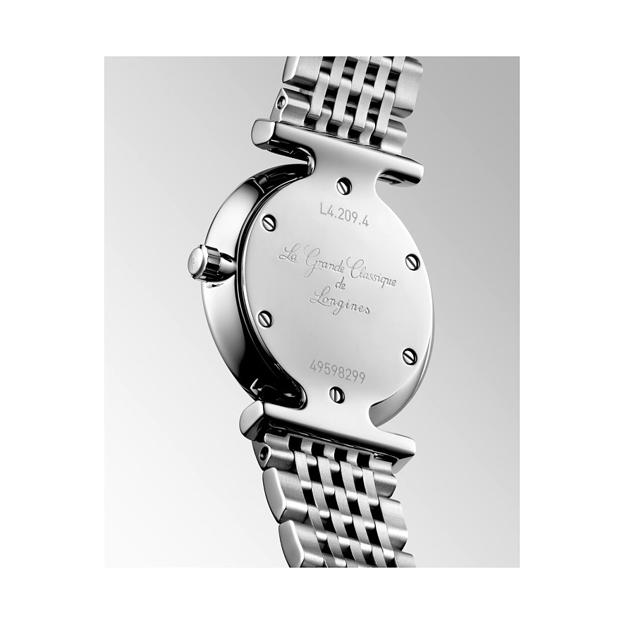 Longines Damenuhr aus Edelstahl mit Diamanten, silberfarbenes Gehäuse und Gliederarmband.