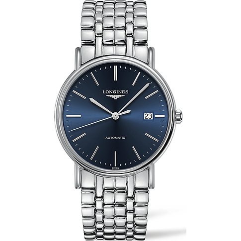 Longines Herrenuhr aus Edelstahl mit rundem Gehäuse, blauem Zifferblatt und silberfarbenen Zeigern.