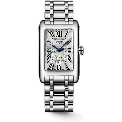 Longines Herrenuhr mit Edelstahlgehäuse, silberfarbenes Zifferblatt mit römischen Ziffern.