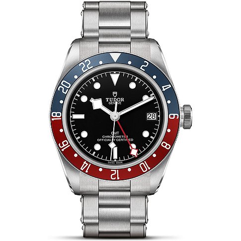 Tudor Herrenuhr mit Edelstahlgehäuse, schwarzem Zifferblatt und bicolor Lünette.