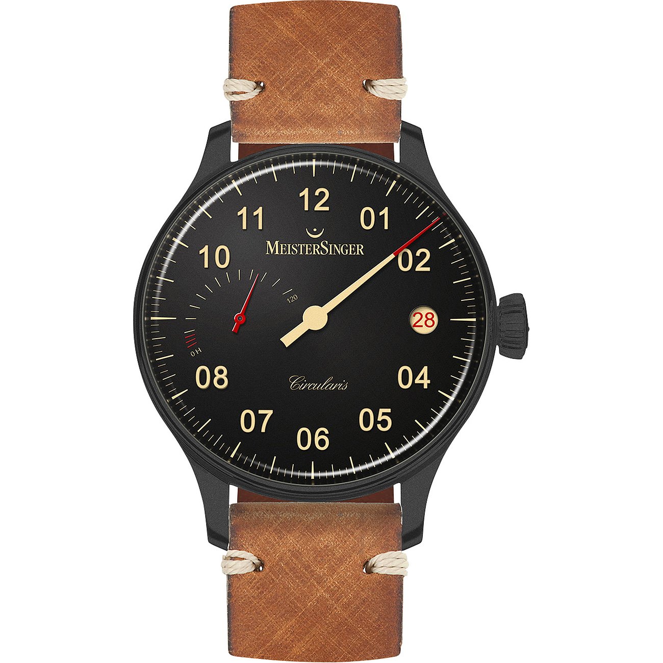 MeisterSinger Herrenuhr Circularis aus schwarzem Edelstahl mit braunem Lederarmband und schwarzem Zifferblatt.