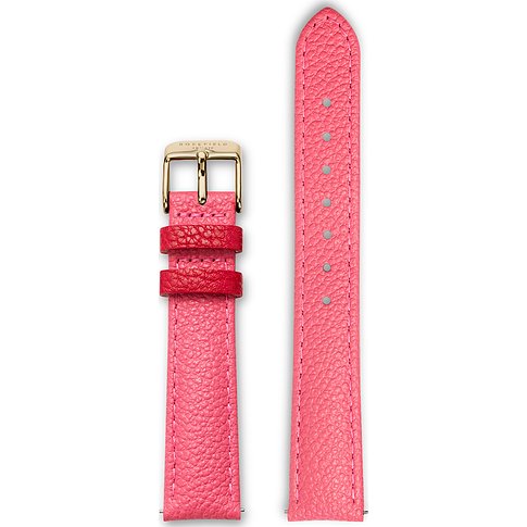 Cinturino Rosefield in pelle rosa corallo, fibbia oro e passante rosso vivo.