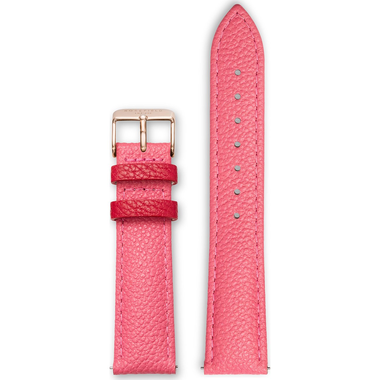 Rosefield Uhrenarmband aus genarbtem Leder in kräftigem Rosa mit einer roségoldfarbenen Schließe.