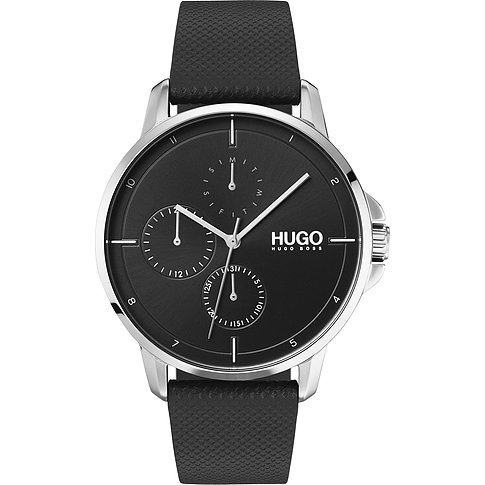 Hugo Herrenuhr aus Edelstahl mit schwarzem Zifferblatt und schwarzem strukturiertem Armband.