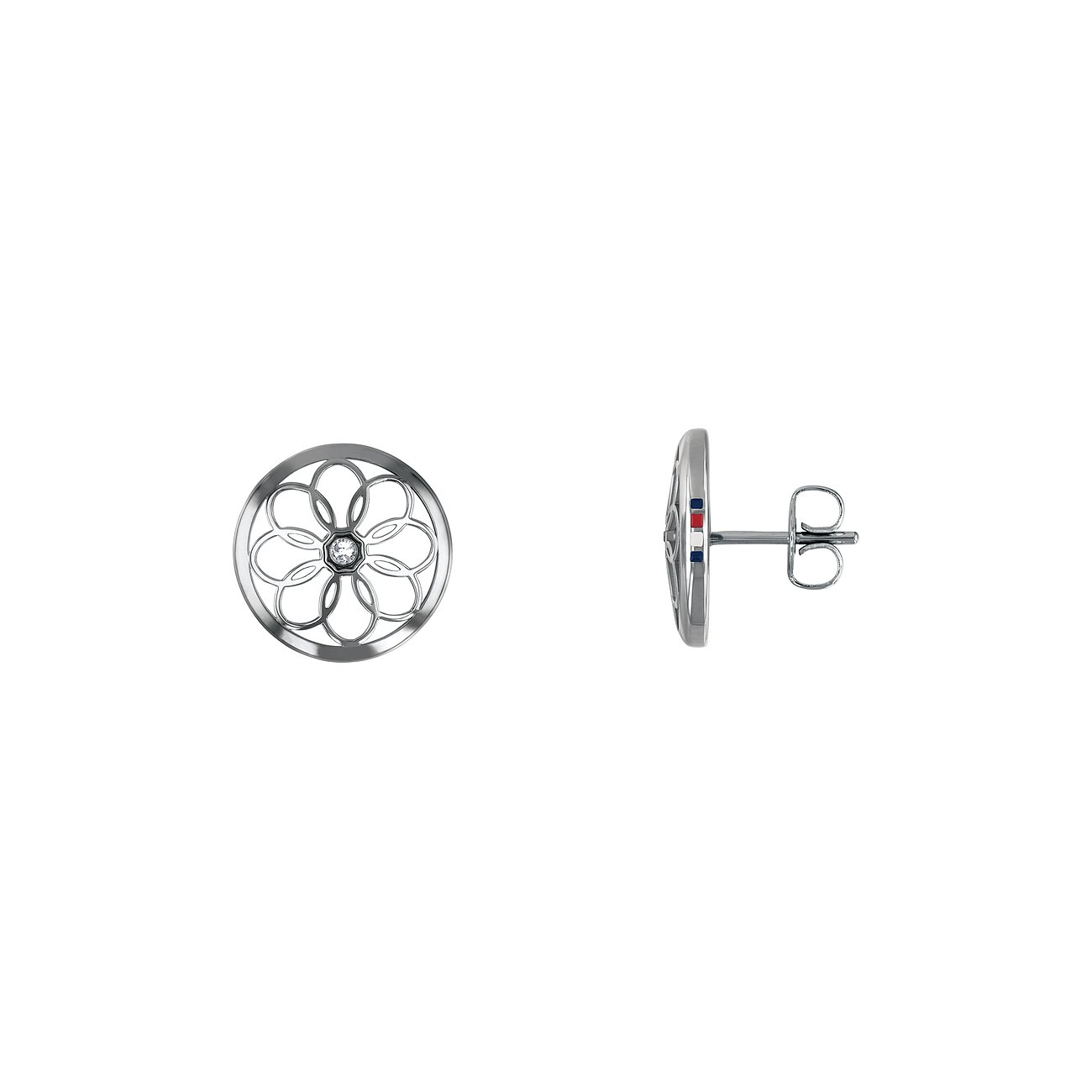 Ein Paar Tommy Hilfiger Ohrstecker aus Edelstahl, die eine florale Form mit einem klaren Mittelstein zeigen.